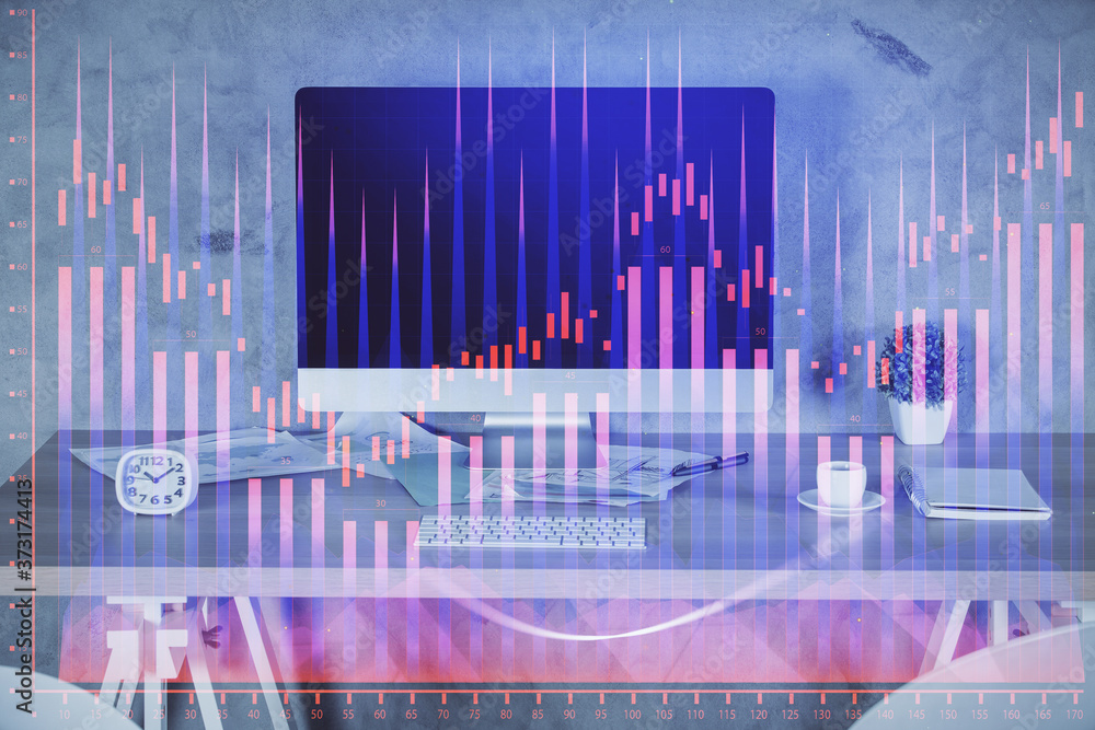 Multi exposure of financial graph drawing and office interior background. Concept of market analysis. Multi exposure of financial graph drawing and office interior background. Concept of market analysis.