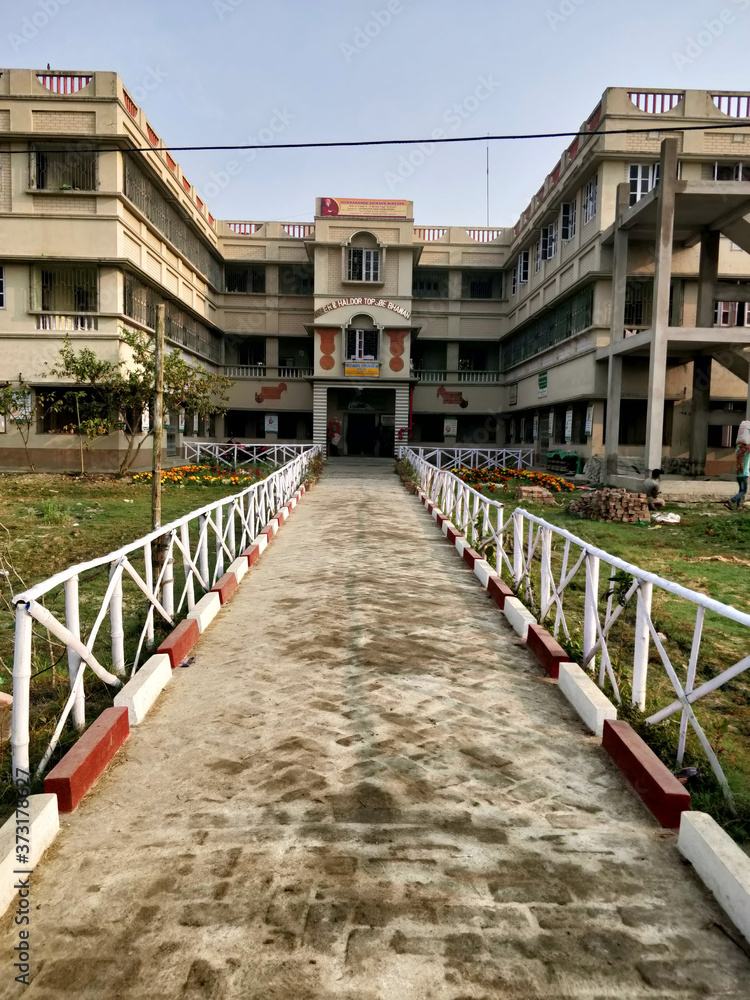 Wide angle shot of the Vivekananda Shiksha Niketan building at Joygopalpur in West Bengal state in India- 9th Feb 2018
