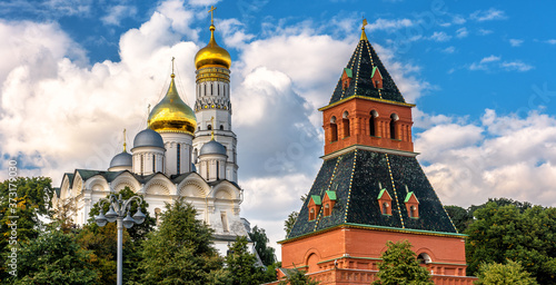 Moscow Kremlin closeup in summer, Russia. Panoramic view of Moscow Kremlin tower and ancient cathedral.