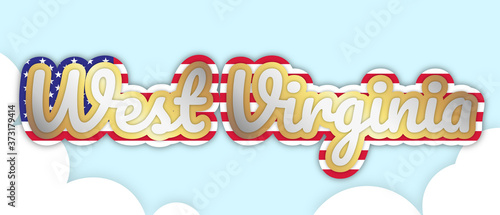 Wallpaper Mural "West Virginia" banner, big bold stroke style text. Editable removable background. Gold and silver script on the US flag, in sky with clouds. Vector Illustration. Torontodigital.ca