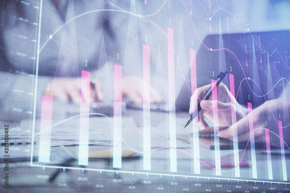 Multi exposure of woman hands typing on computer and financial chart hologram drawing. Stock market analysis concept. Multi exposure of woman hands typing on computer and financial chart hologram drawing. Stock market analysis concept.