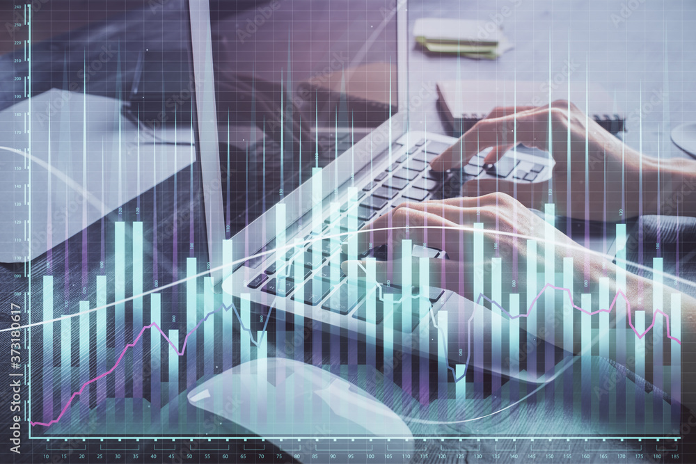 Double exposure of woman hands typing on computer and forex chart hologram drawing. Stock market invest concept. Double exposure of woman hands typing on computer and forex chart hologram drawing. Stock market invest concept.