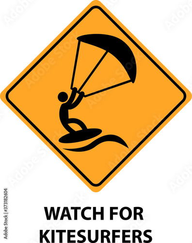 Kitesurfing area warning sign, icon or symbol in vector. Watch out for kite surfers