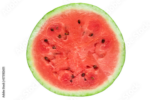 Watermelon  cut half  inner flesh with seeds  flat lay on white background