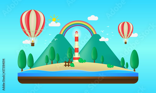 Floating island in flat illustration with mountain, sea, and air balloon. Rainbow panorama illustration. Summer vector background fit for cover, illustration, banner, poster ect.