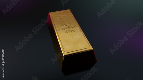 One gold bar - A golden ingot of 1000g of fine gold on dark background. Gold investment concept. 3d render illustration. photo