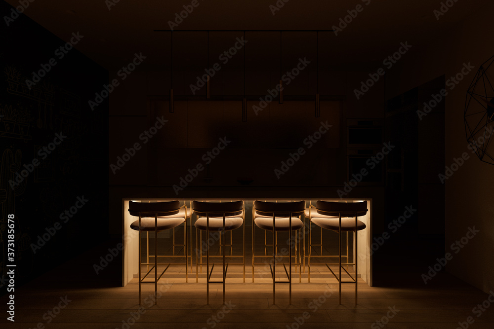 Fototapeta premium 3D illustration of a kitchen with led lighting under cooking island