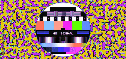 TV screen without signal with pixeled bars and VHS noise effect. Cyberpunk and vaporwave aesthetics.