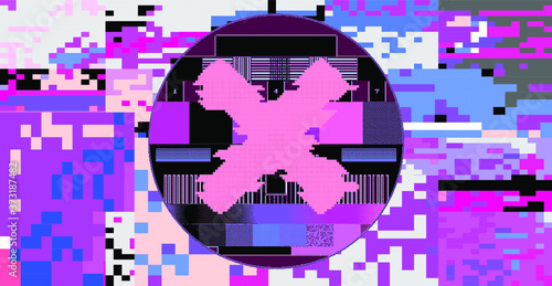 TV screen without signal with pixeled bars and VHS noise effect. Cyberpunk and vaporwave aesthetics.