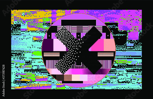 TV screen without signal with pixeled bars and VHS noise effect. Cyberpunk and vaporwave aesthetics.