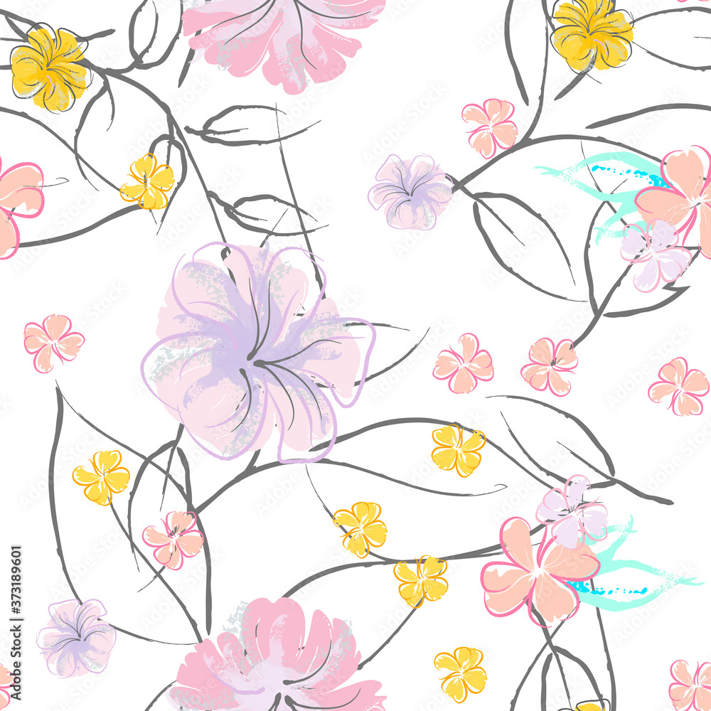Pink Flowers Blooming Pattern. Pastel Watercolor. Pink Flowers Blooming Pattern. Pastel Watercolor.