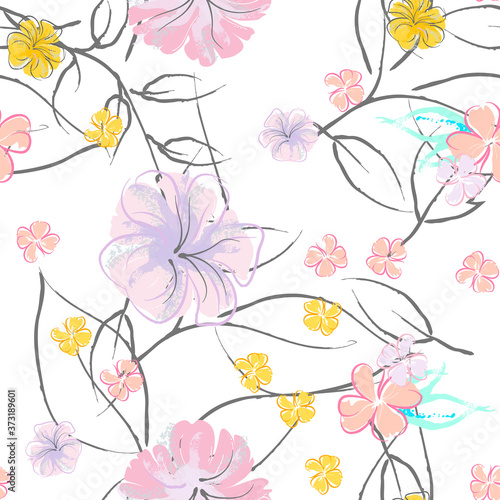 Pink Flowers Blooming Pattern. Pastel Watercolor.