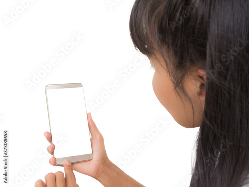 Mock up mobile concept. Close up hand woman holding mobile blank tuchscreen for add text. isolated on withe background. photo