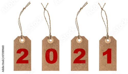 Recycled paper tag string isolated white background New Year 2021