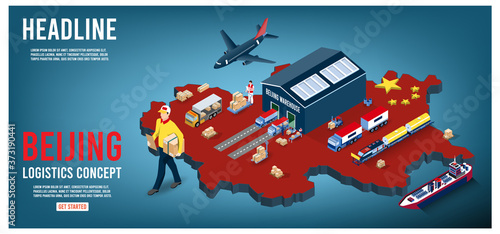 Modern isometric concept of Beijing Logistics Landing page with Global Logistics, Warehouse, Sea Freight. 
Easy to edit and customize. Vector illustration