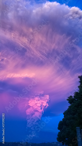 Ash cloud of Calbuco Volcano during its eruption during sunset in 2015 © Susanne