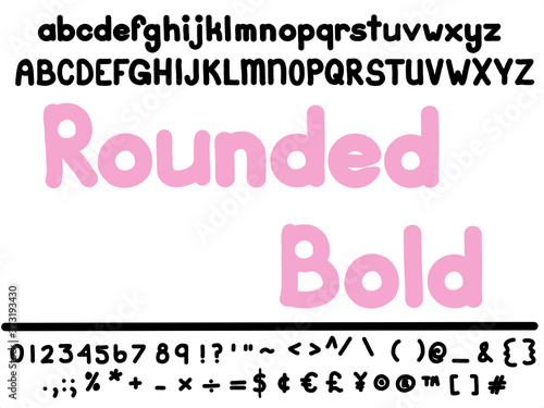 Hand drawn font. Bold block letters. Round and thick character set.