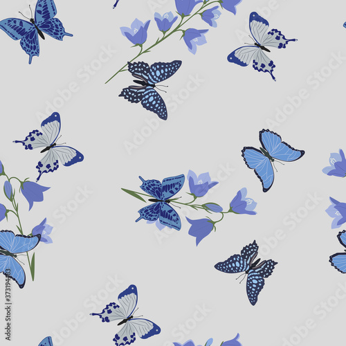 Seamless vector illustration with butterflies and flowers bells