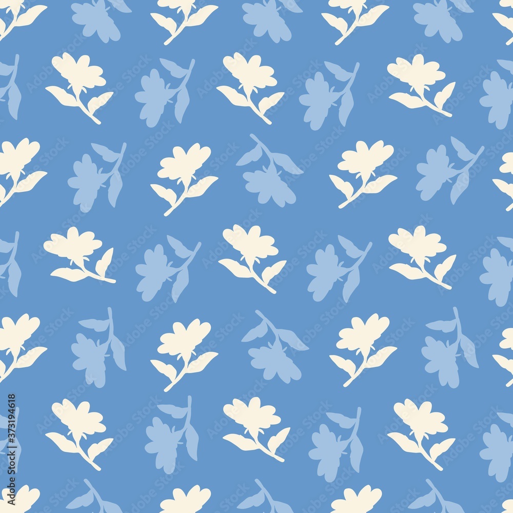 Blue and White Retro Flower Silhouette Vector Background Pattern
