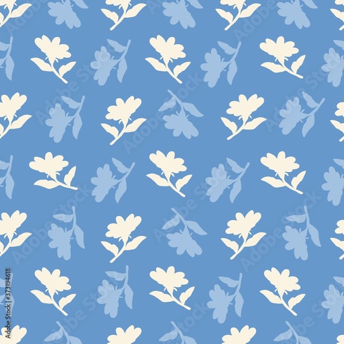 Blue and White Retro Flower Silhouette Vector Background Pattern