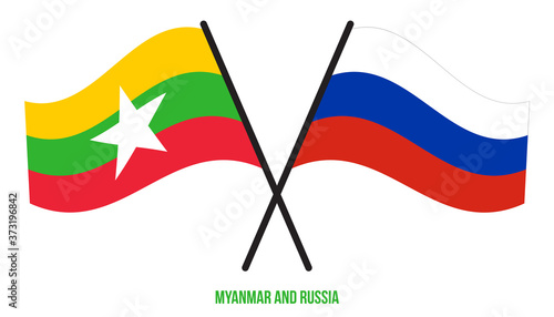 Myanmar and Russia Flags Crossed And Waving Flat Style. Official Proportion. Correct Colors.