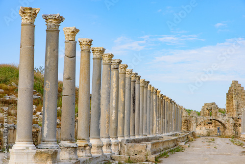 Columns and ruins of Perge, an ancient Greek city in Antalya, Turkey