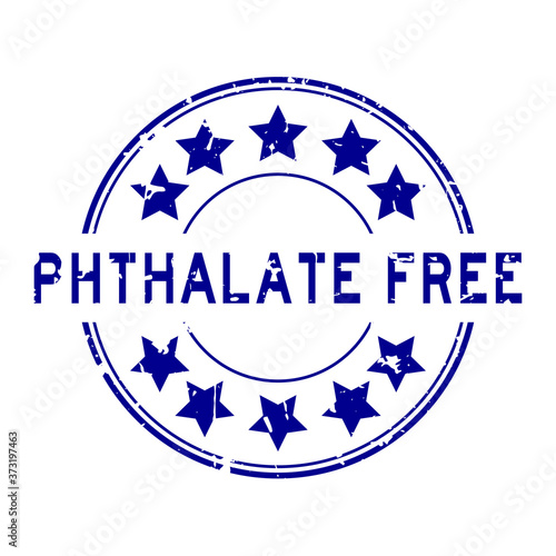 Grunge blue phthalate free word with star icon round rubber seal stamp on white background