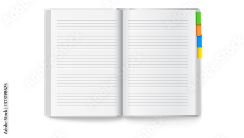 Opened notebook with colored bookmarks. Vector 3d illustration isolated on white.