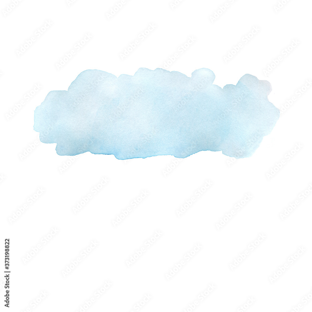 Cloudlet. Light blue watercolor hand drawn isolated wash spot on white background for web text design. Abstract brush paint paper grain texture illustration element for wallpaper. Cloud watercolor