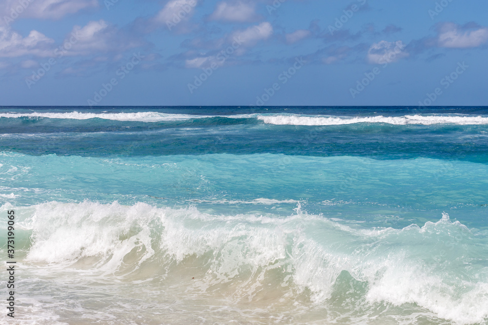 Popular Melasti Beach (Pantai Melasti), Bukit, Bali, Indonesia. Turquoise water, rocks, ocean scenery. 