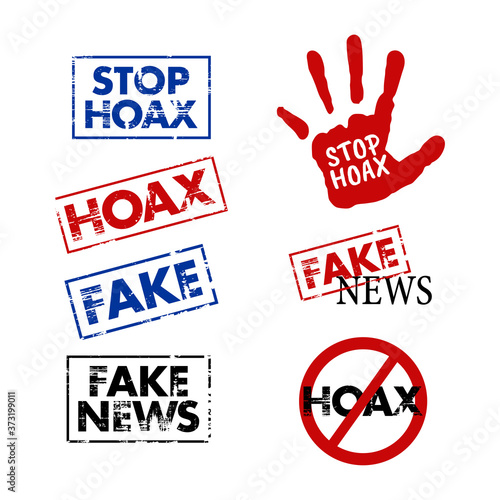 Vector illustration of the HOAX news stamp. Perfect for design elements of fake news and HOAX news campaigns. Grunge stamp template prohibiting the spread of fake news.
