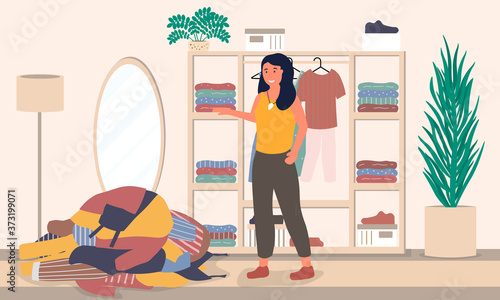 Young woman cannot choose between clothes standing looking at a pile of garments on the floor, colored vector illustration