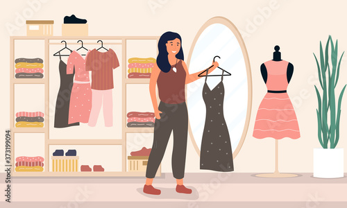 Woman trying on clothes in a clothing store or boutique while shopping, colored vector illustration