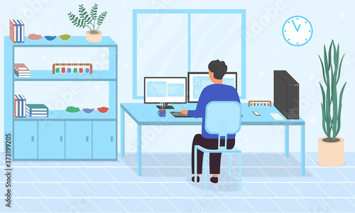 Man doing online research or inputting research data working at computers in an office. Flat vector illustration