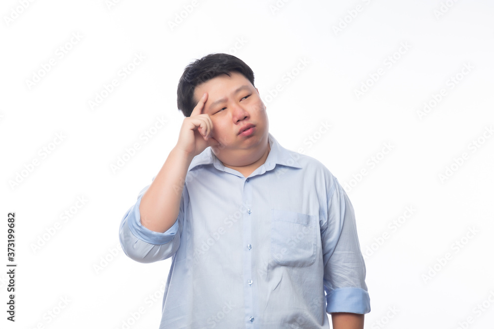 Young Fat Asian business man thinking with doubts face isolated on white background. Young Fat Asian business man thinking with doubts face isolated on white background.