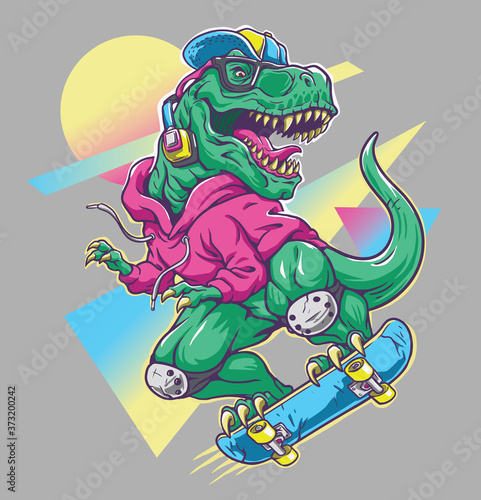 Humorous T rex Dinosaur riding on skateboard. Cool 80’s illustration style.