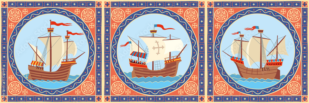 Triptych of vintage sailboats in decorative frames. Stylization of historical book graphics