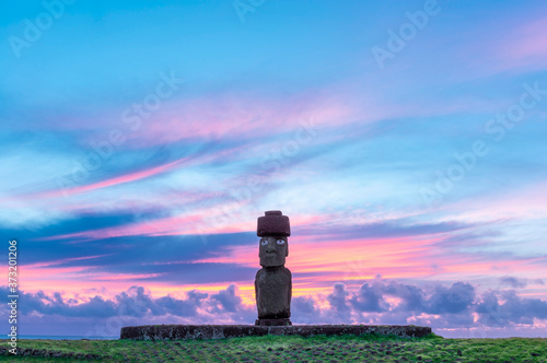 Ahu Tahai at sunset, near Hanga Roa city, Easter Island (Rapa Nui), Chile.  photo