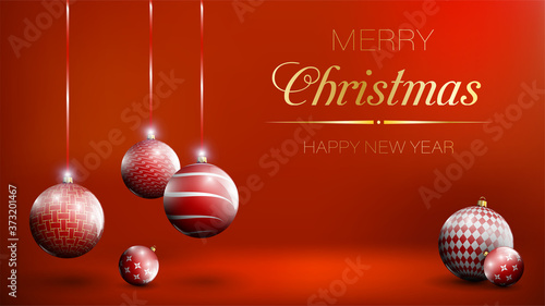 Christmas decorations, glass balls. Christmas, New Year greeting card design, holiday banner. Decorations, shiny glass balls on a red background. Realistic vector
