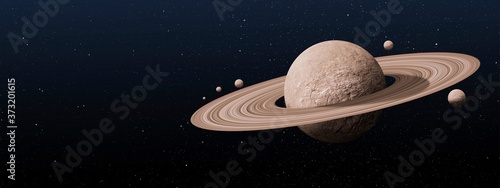 saturn planets in deep space with rings  and moons surrounded.  photo