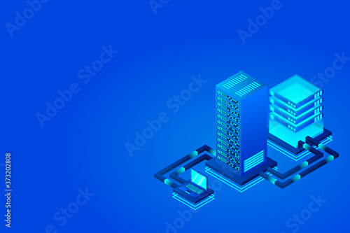 Transfer of user data to the server. Data hosting. Data flow. Data storage. Server. Digital space. Data center. Big Data. Technology. Conceptual illustration. Isometric vector illustration. 3D