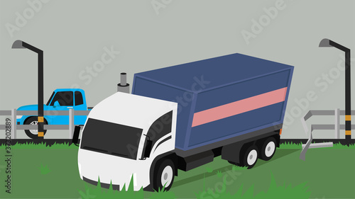 A container truck accident dropped on the side of the road. Park stuck on the lawn. The barricade was damaged.