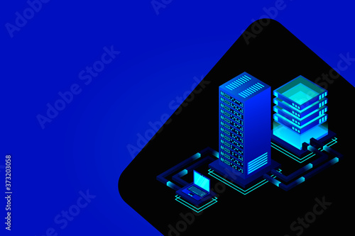 Transfer of user data to the server. Data hosting. Data flow. Data storage. Server. Digital space. Data center. Big Data. Technology. Conceptual illustration. Isometric vector illustration. 3D
