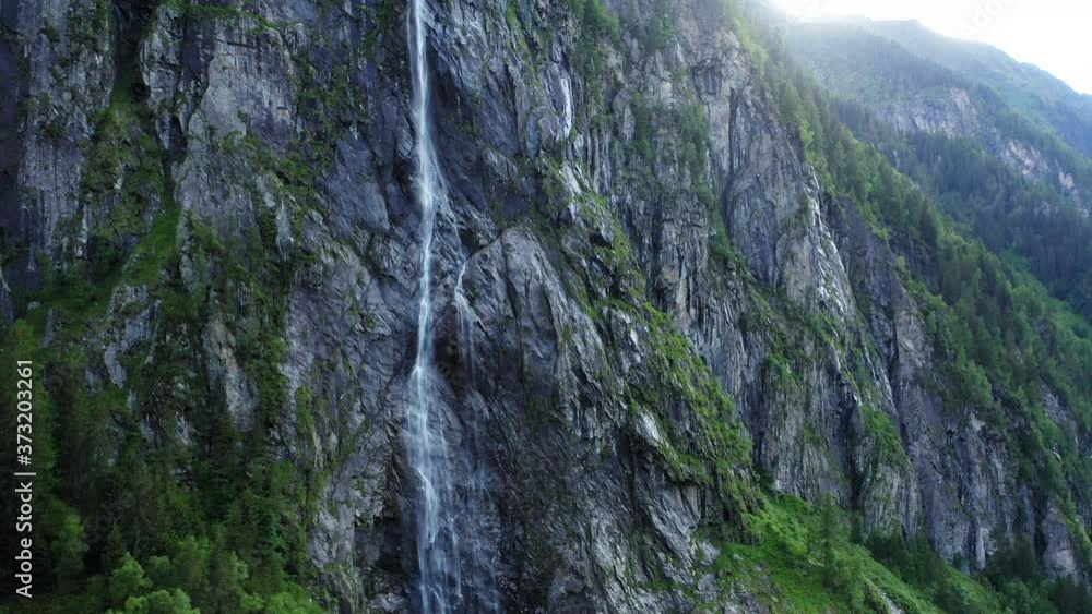 Aerial fly out from mountain waterfall. Stillup Lake, Austria, Tyrol Aerial fly out from mountain waterfall. Stillup Lake, Austria, Tyrol