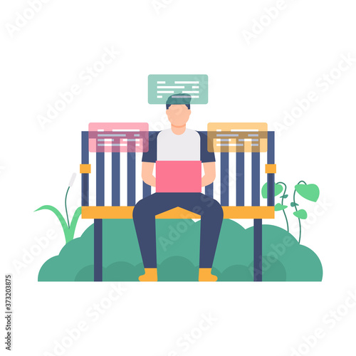 the concept of vacation, refreshing, casual work. illustration of a man sitting on a park bench while working on his laptop. flat design. can be used for elements, landing pages, UI, web sites.