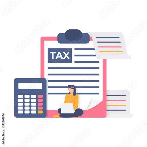 the concept of an accountant, tax manager, finacial management. illustration of a woman sitting in front of a calculator, tax return, and note or receipt. flat design. can be used for landing pages