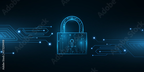 Security lock in futuristic style. Password protection of computer system data and files. Glowing blue motherboard circuit on a black background. Vector illustration.