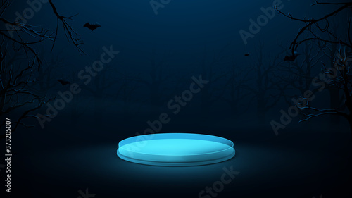 3d blue circle podium display in a spooky forest at night. Happy halloween Background. Vector Illustration