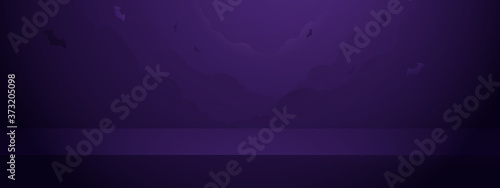 Abstract halloween night sky spooky with bats background. Empty vivid purple color studio table room layout design. Space banner for advertise. Vector illustration