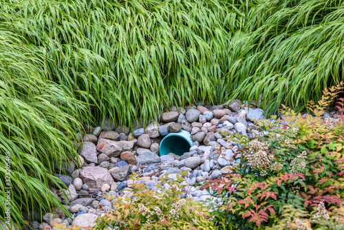Photography Storm water management in public space, plastic pipe, rocks, and shrub plantings
